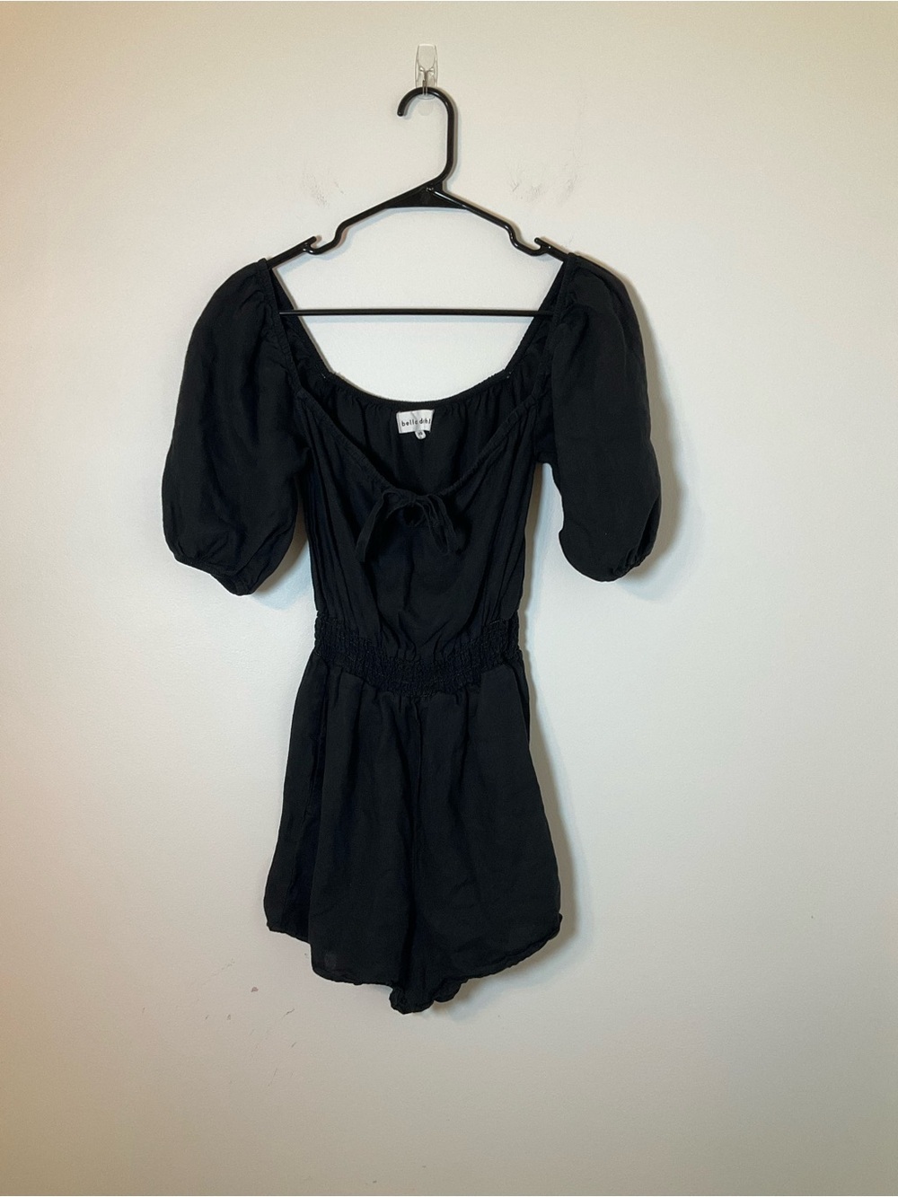 Bella Dahl Black Linen Romper Puff Sleeve Tie Front XS